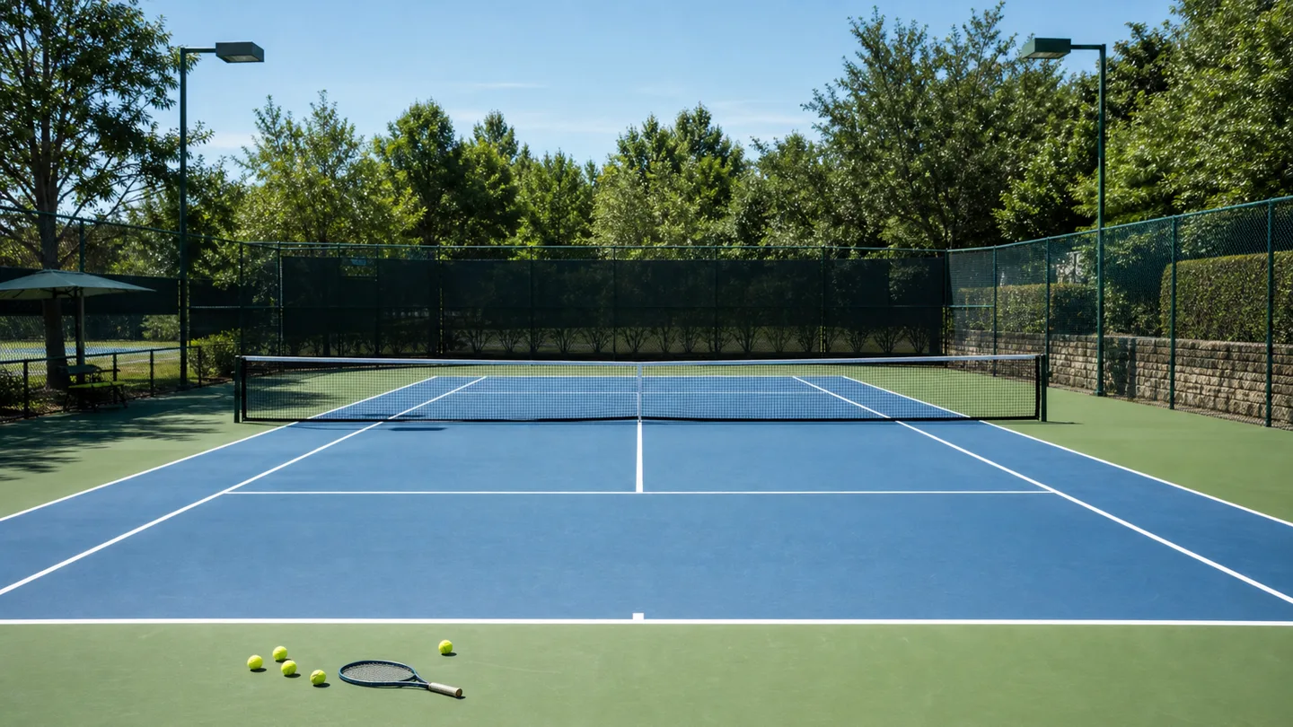 Tennisbana sedd från baslinjen med bollar, nät och tydliga linjer.