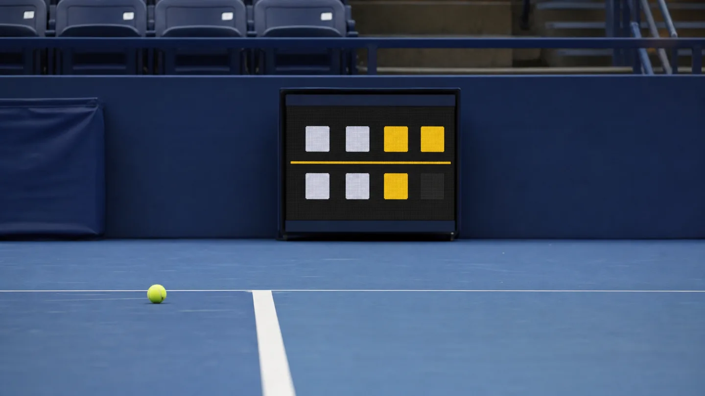 Närbild av en digital tennisresultattavla vid en hardcourtbana under ett jämnt set.