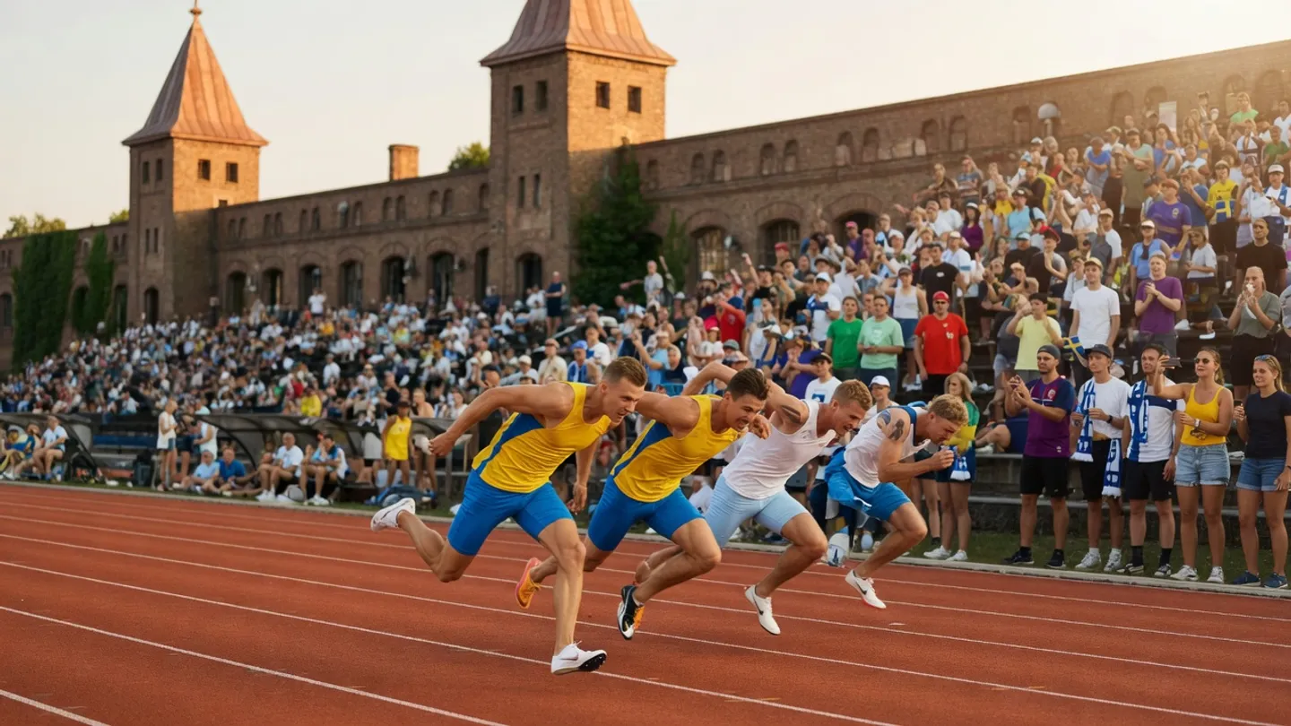 Svenska och finländska friidrottare möts på en fullsatt stadion utan synliga logotyper.