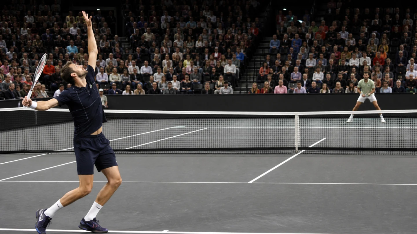 Mörk inomhusarena för tennis med blå bana, starkt centrerat ljus och tomma läktare.