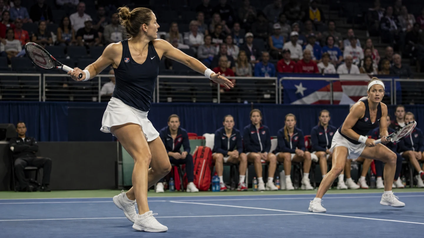 Tennislandskamp för damer med två nationsfärger på läktaren och en hardcourtbana utan logotyper.
