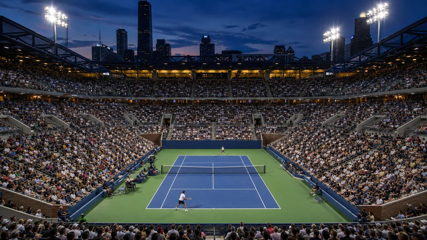 Blå hardcourtbana i en stor kvällsbelyst tennisarena i New York utan logotyper.
