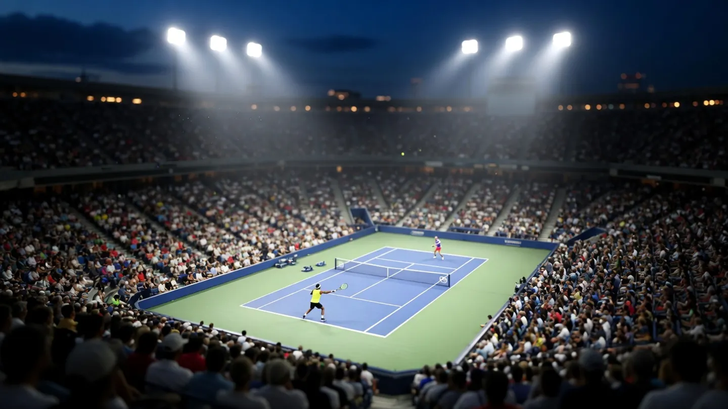 Blå hardcourtbana i en stor kvällsbelyst tennisarena i New York utan logotyper.