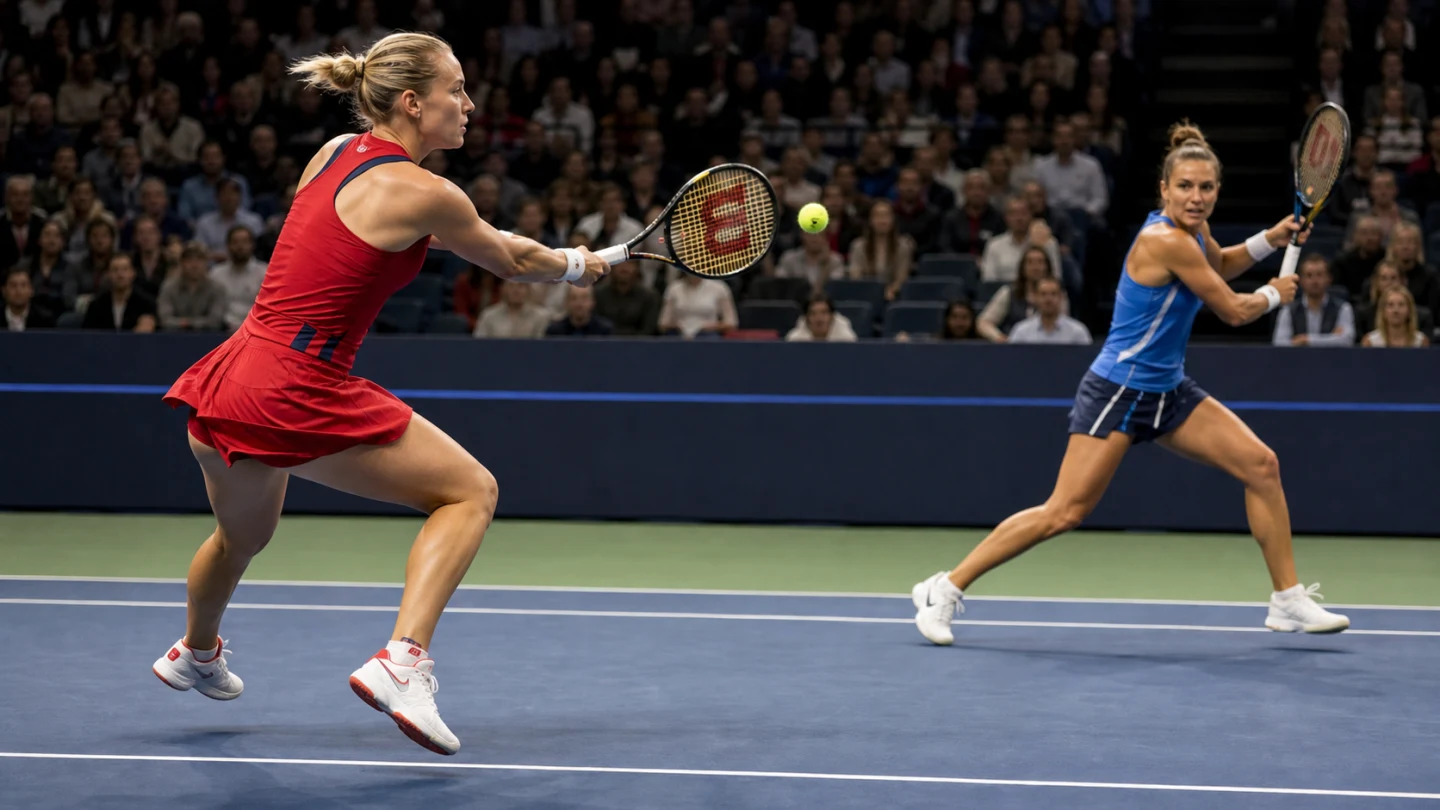 Modern utomhusarena för damtennis med lila och blå bana i kvällsljus utan logotyper.