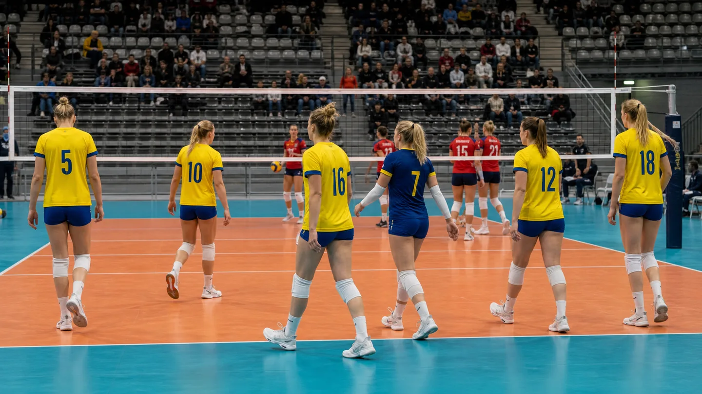 Damspelare i gula och blå volleybolldräkter på en inomhusplan.