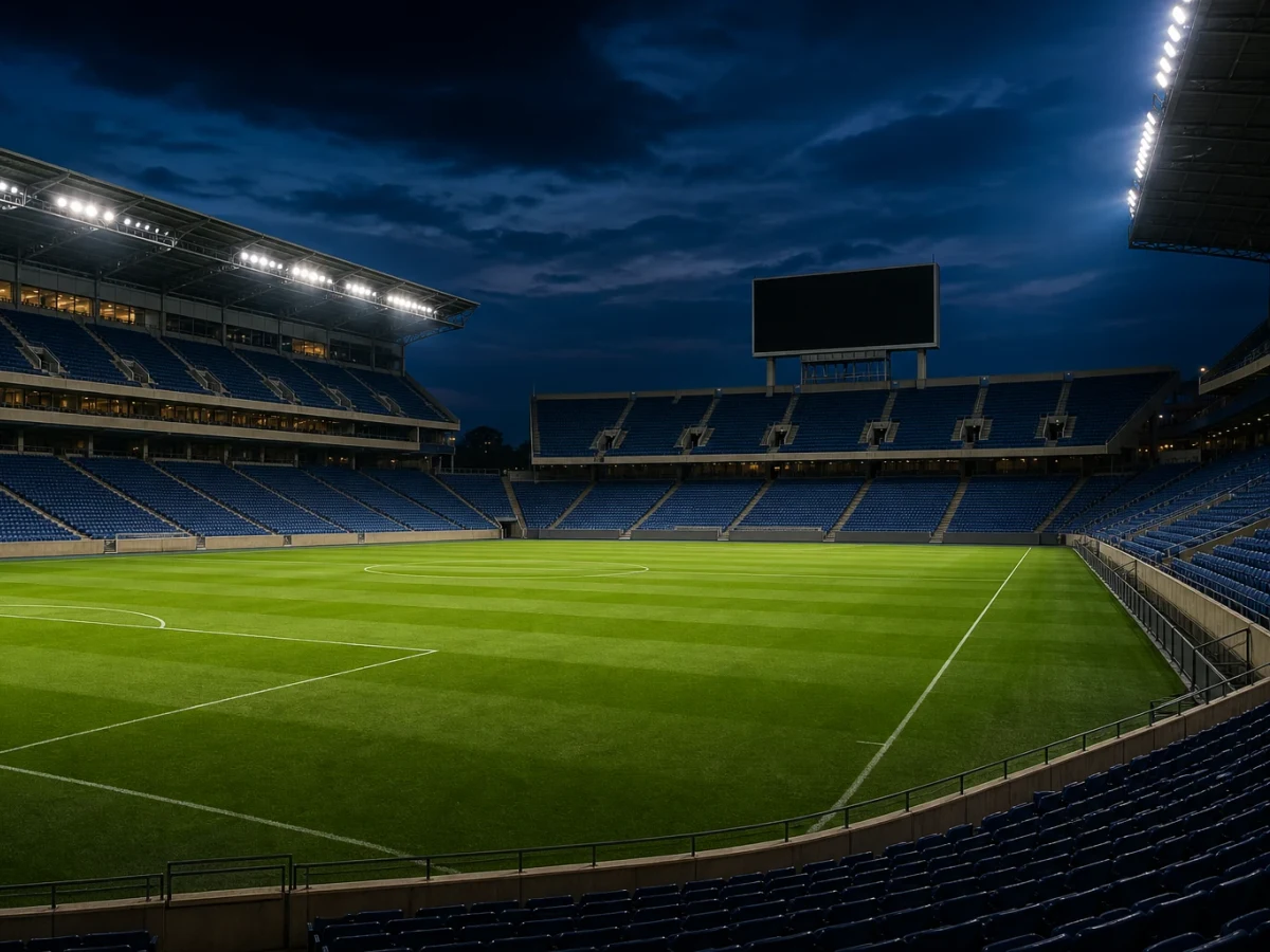 Tom upplyst fotbollsarena efter en VM-kvartsfinal.