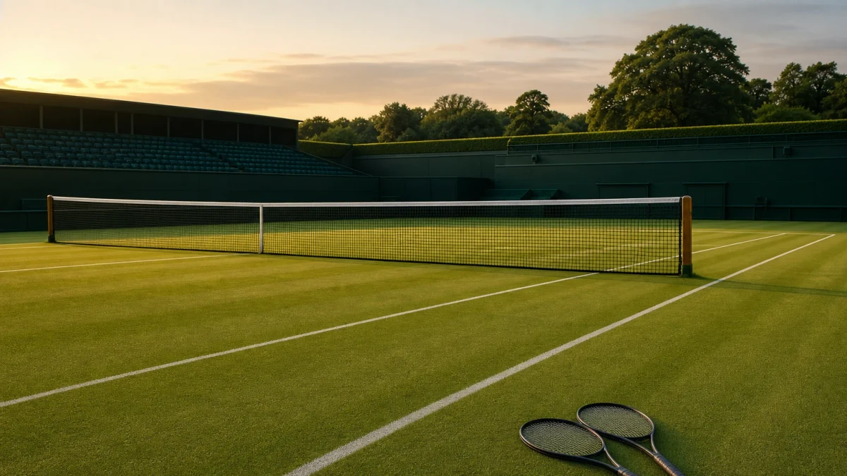 Tom grästennisbana efter en semifinal i Wimbledon.